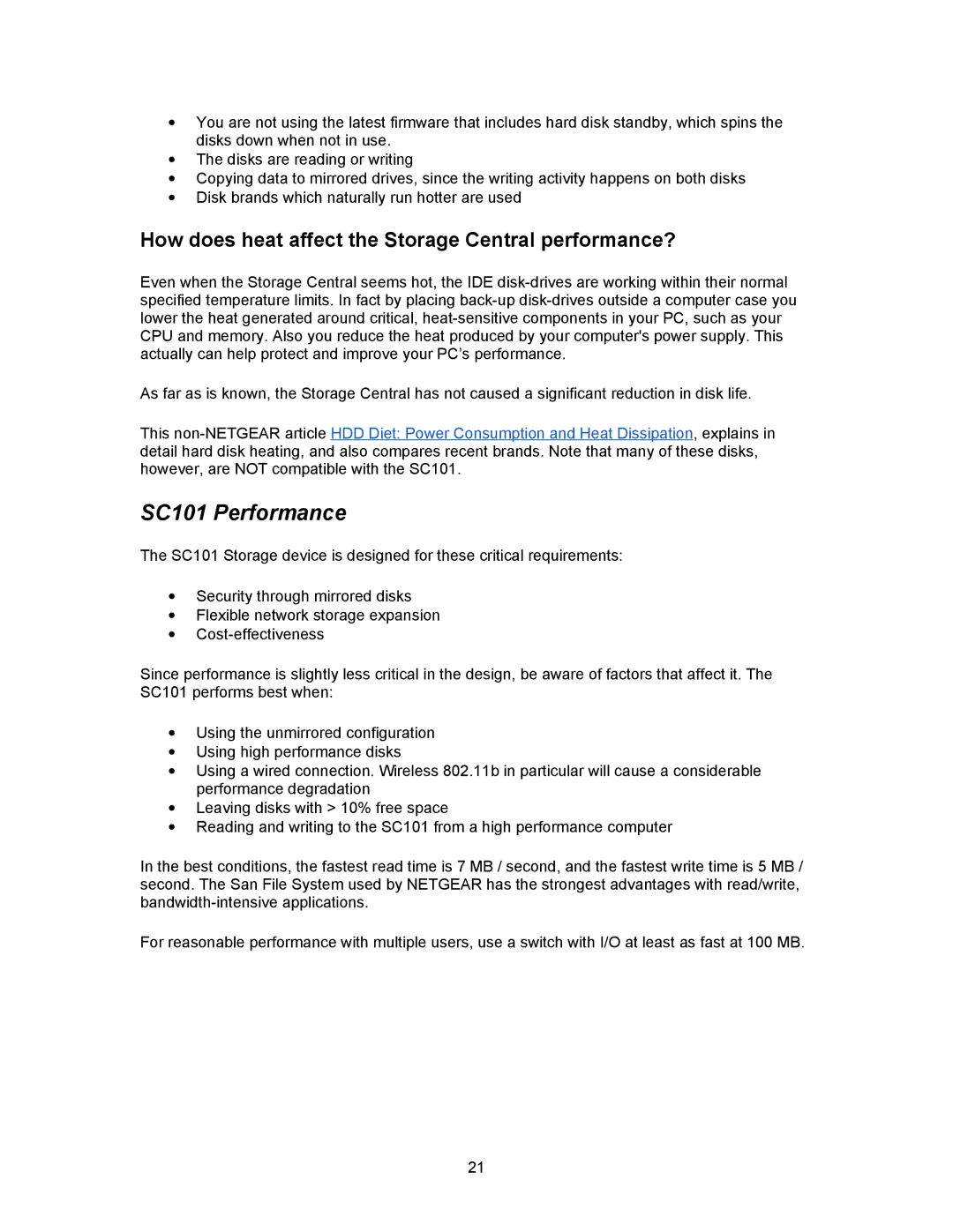 NETGEAR manual SC101 Performance, How does heat affect the Storage Central performance? 