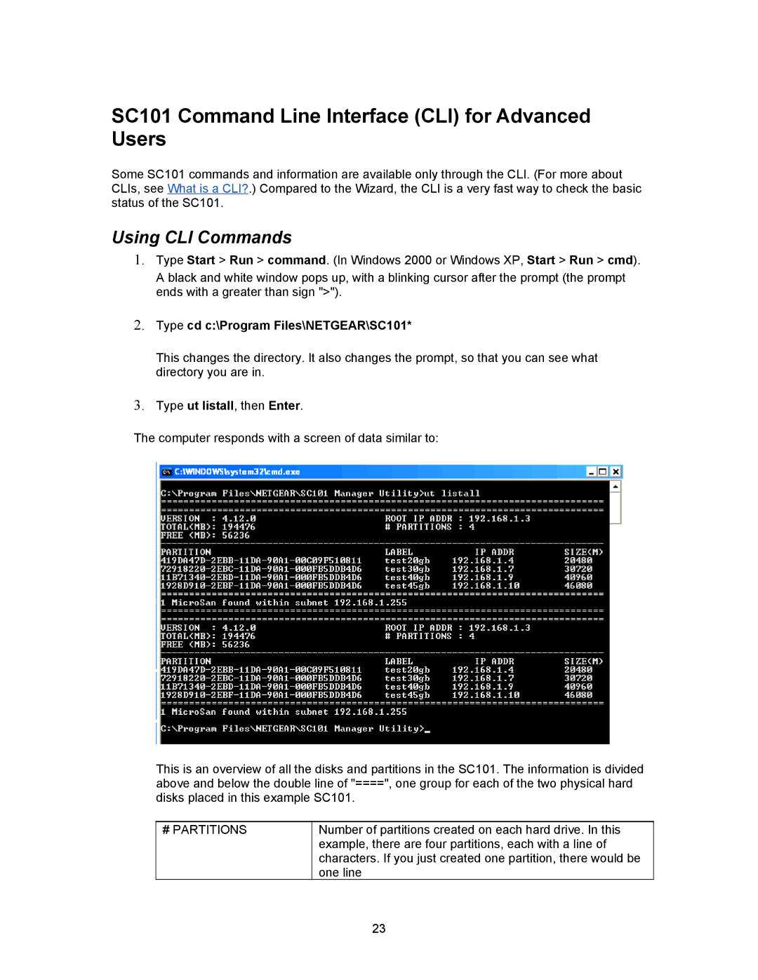 NETGEAR SC101 Command Line Interface CLI for Advanced Users, Using CLI Commands, Type cd c\Program Files\NETGEAR\SC101 