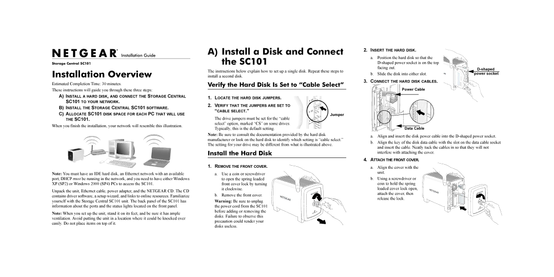 NETGEAR manual Installation Overview, Install a Disk and Connect the SC101, Verify the Hard Disk Is Set to Cable Select 