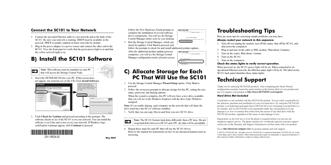 NETGEAR manual Install the SC101 Software, Allocate Storage for Each PC That Will Use the SC101, Troubleshooting Tips 