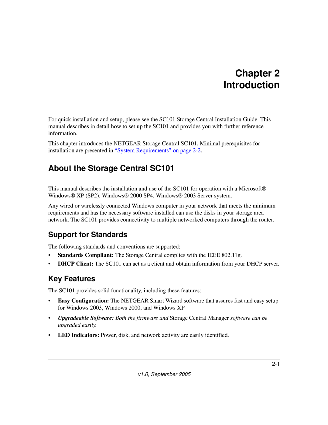 NETGEAR manual Chapter Introduction, About the Storage Central SC101, Support for Standards, Key Features 