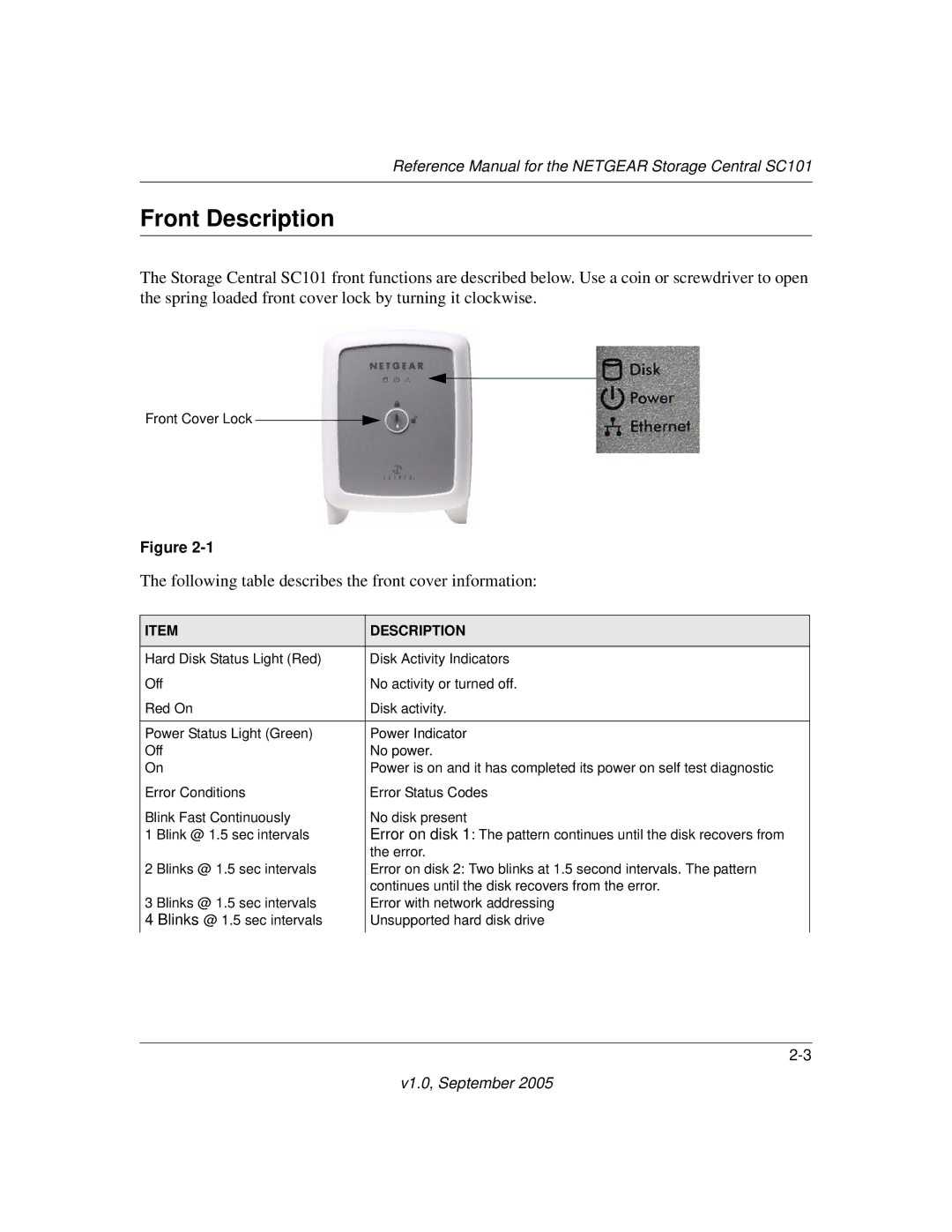 NETGEAR SC101 manual Front Description, Following table describes the front cover information 