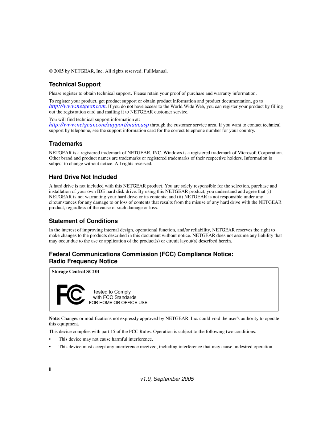 NETGEAR SC101 manual Technical Support 