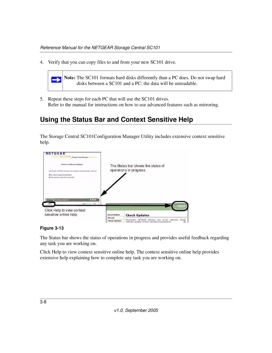 NETGEAR SC101 manual Using the Status Bar and Context Sensitive Help 