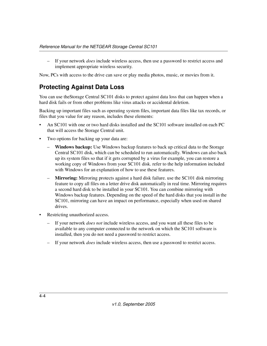 NETGEAR SC101 manual Protecting Against Data Loss 