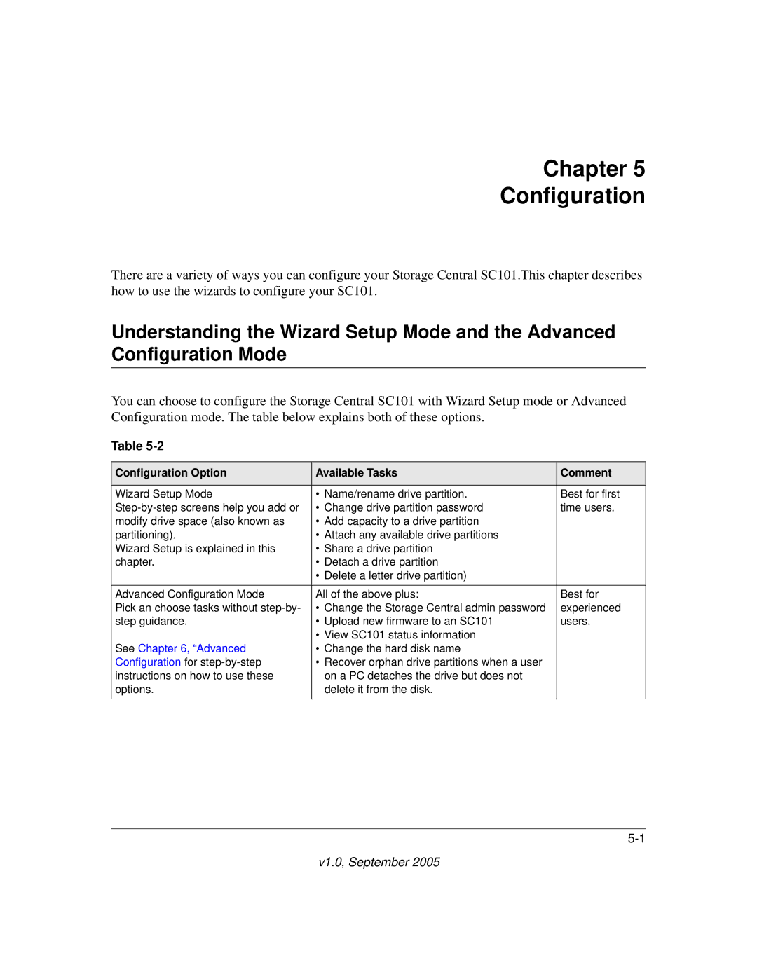 NETGEAR SC101 manual Chapter Configuration, Configuration Option Available Tasks Comment 