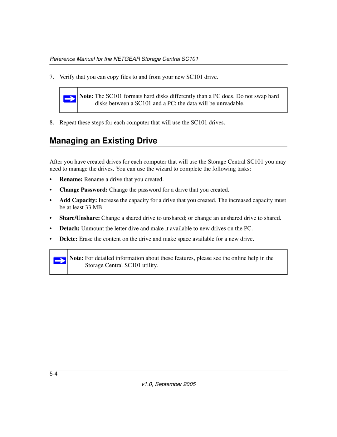 NETGEAR SC101 manual Managing an Existing Drive 