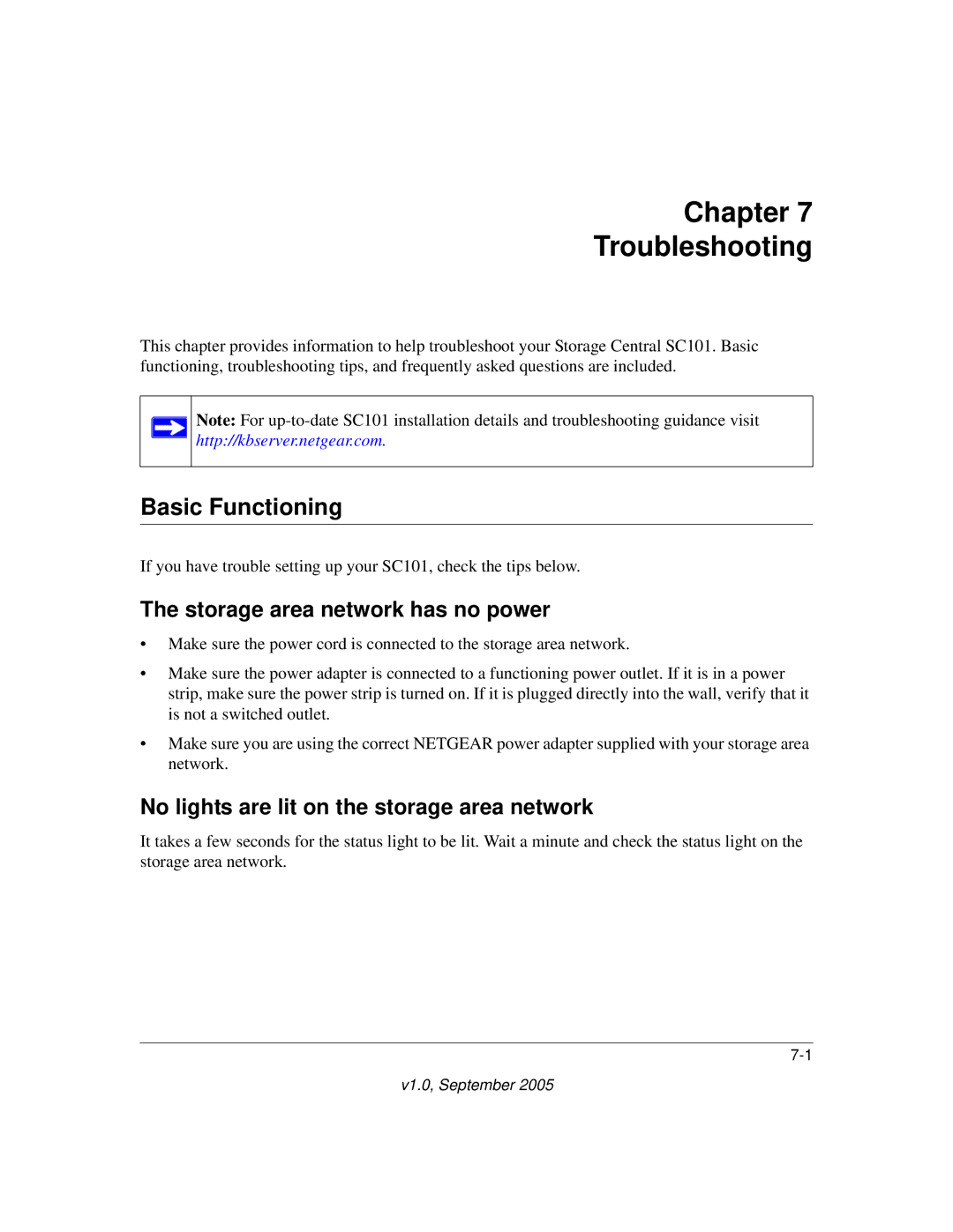 NETGEAR SC101 manual Chapter Troubleshooting, Basic Functioning, Storage area network has no power 