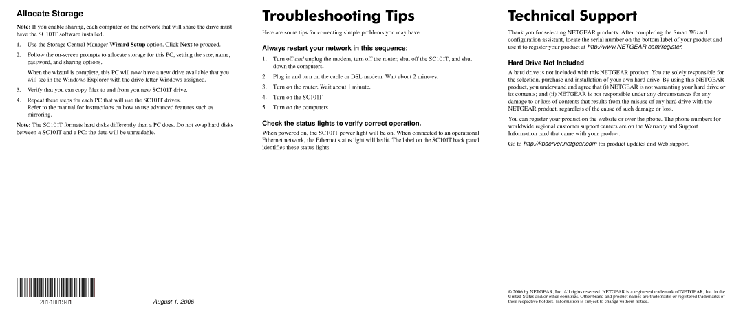 NETGEAR SC101T manual Troubleshooting Tips, Technical Support, Allocate Storage 