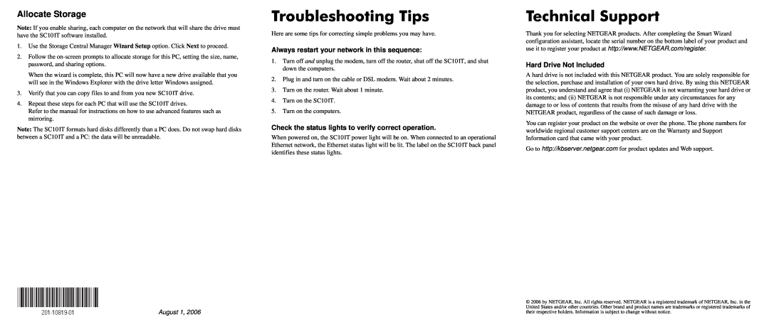 NETGEAR SC101T Troubleshooting Tips, Technical Support, Allocate Storage, Always restart your network in this sequence 