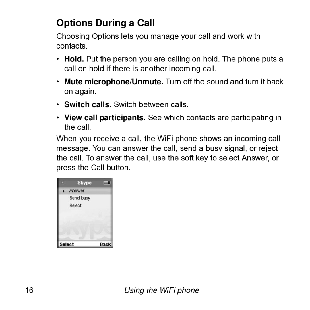 NETGEAR SPH101 manual Options During a Call 