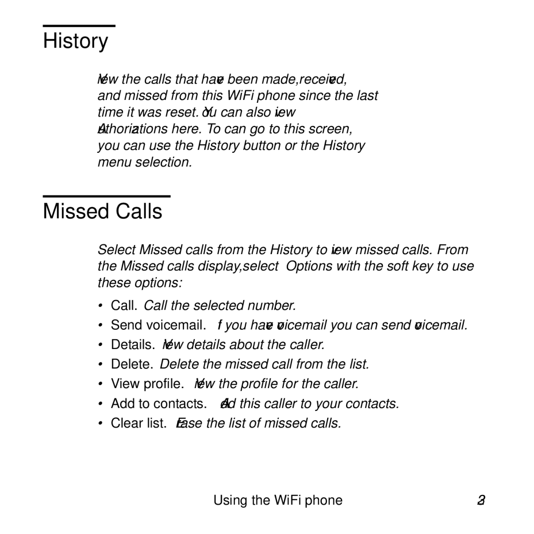 NETGEAR SPH101 manual History, Missed Calls 