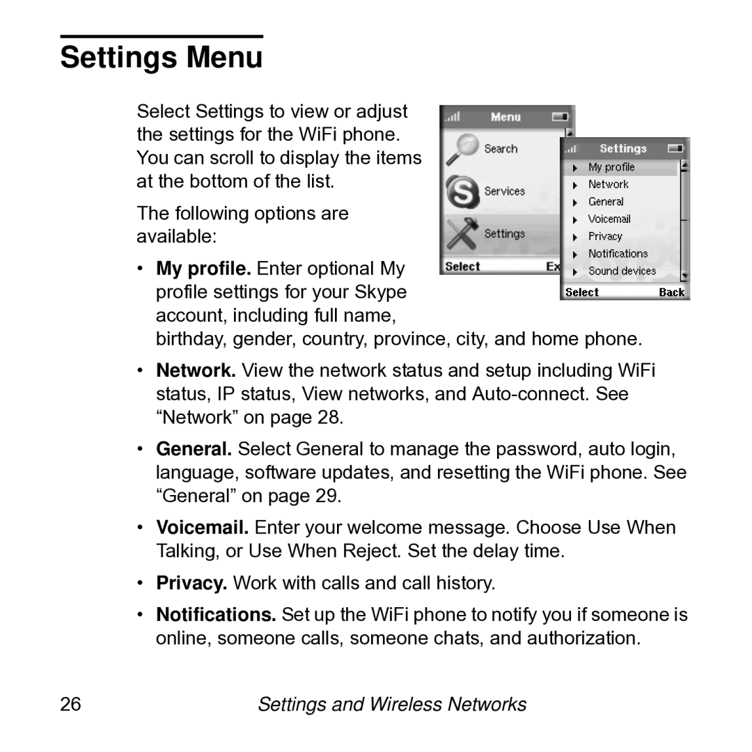 NETGEAR SPH101 manual Settings Menu 