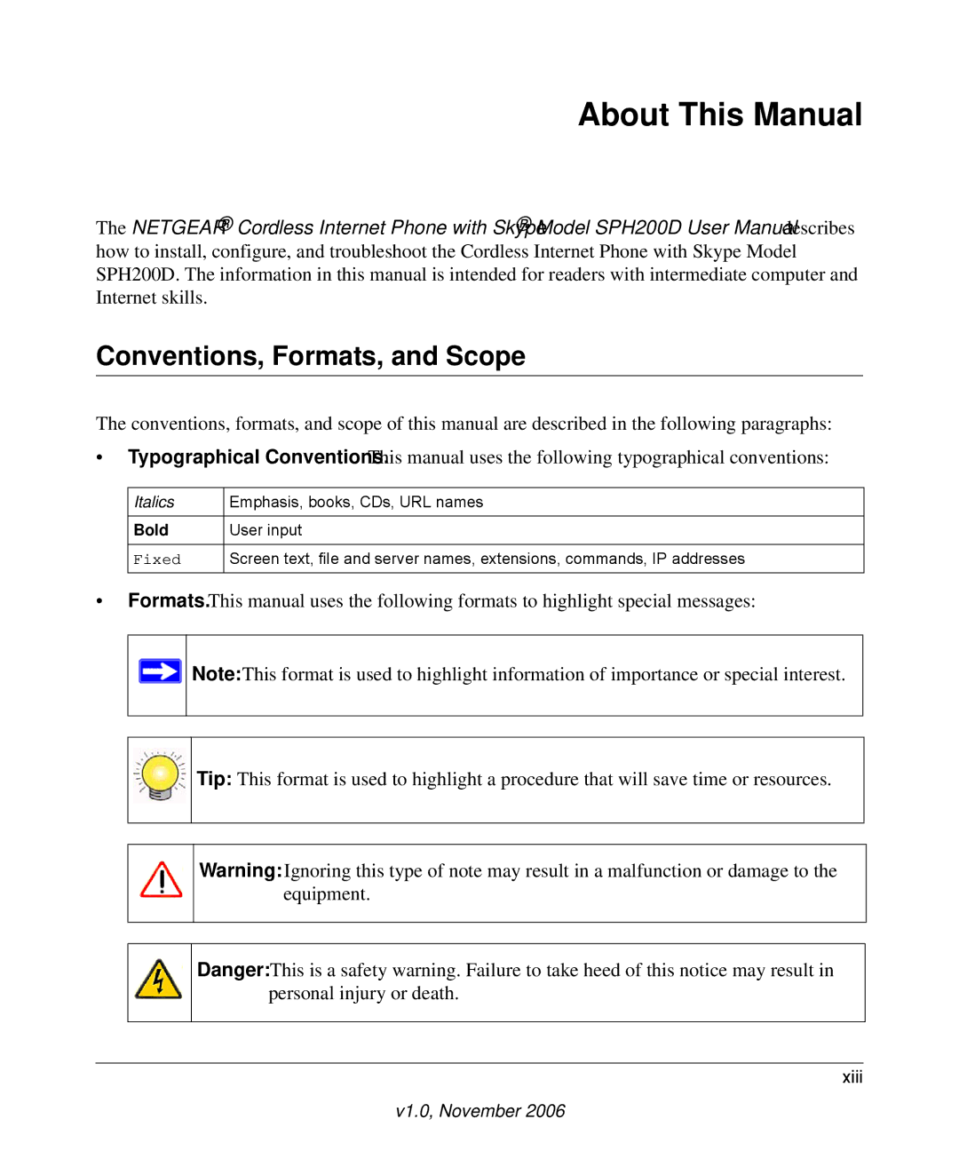 NETGEAR SPH200D user manual About This Manual, Conventions, Formats, and Scope 