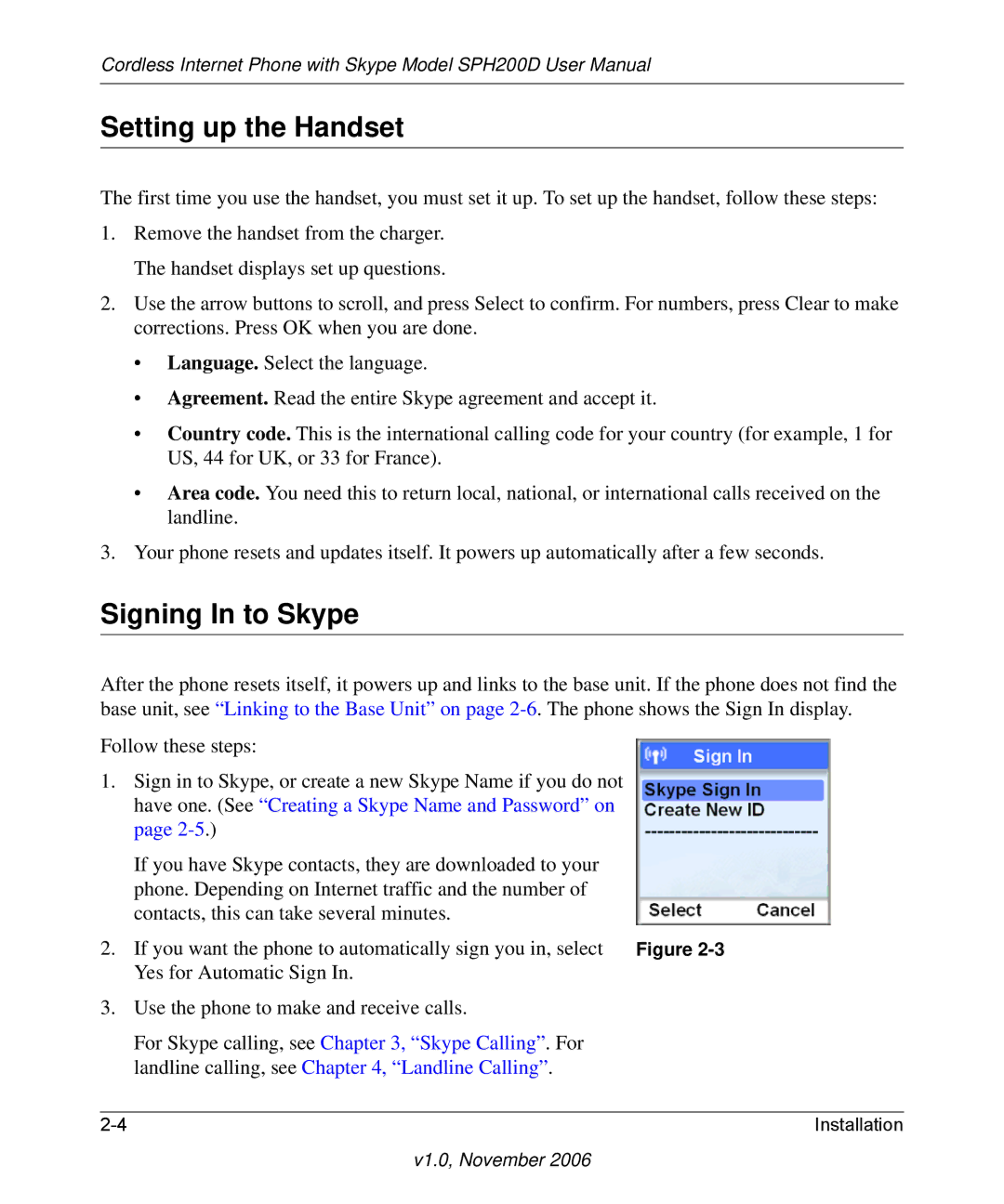 NETGEAR SPH200D user manual Setting up the Handset, Signing In to Skype 