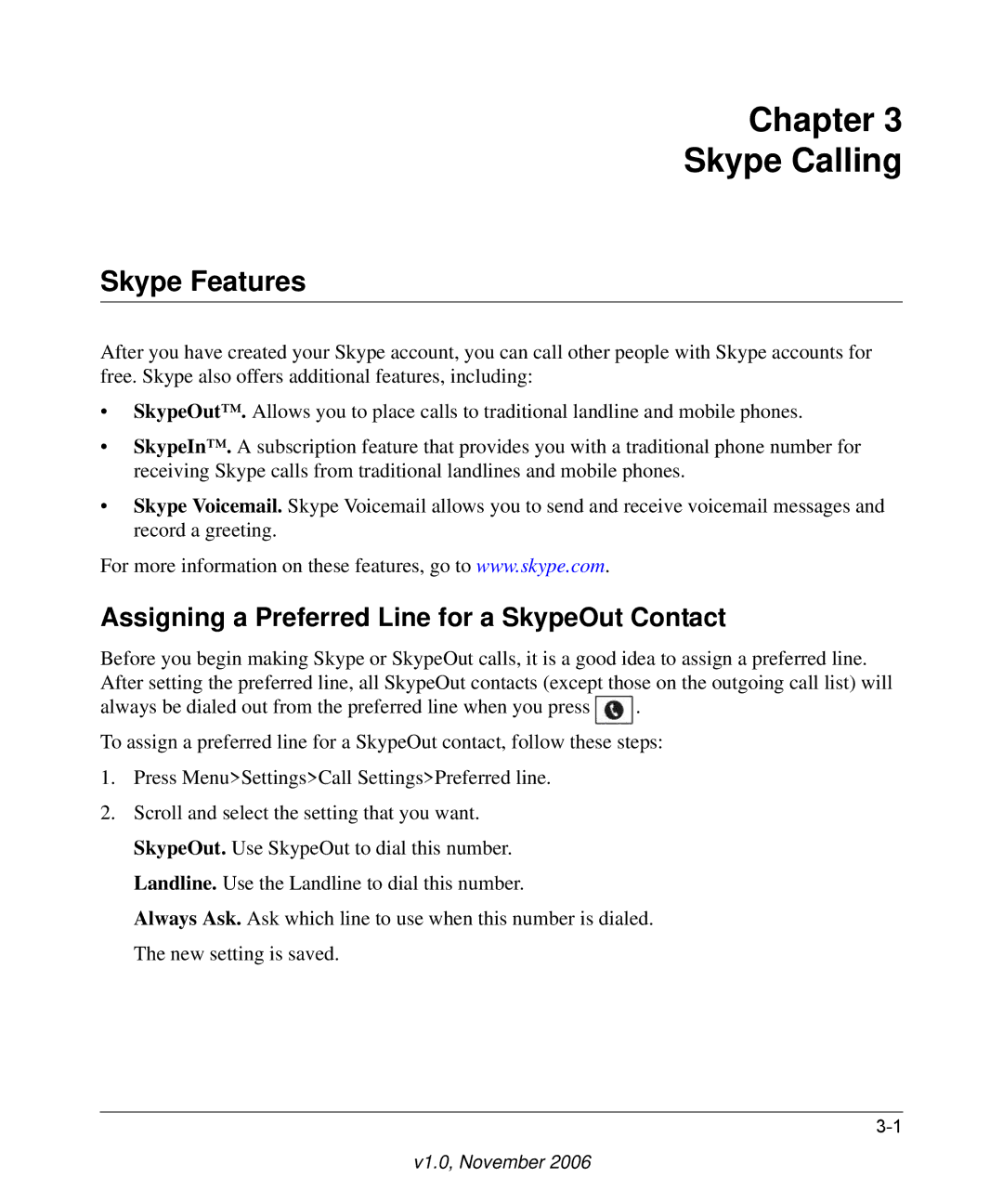 NETGEAR SPH200D user manual Chapter Skype Calling, Skype Features, Assigning a Preferred Line for a SkypeOut Contact 