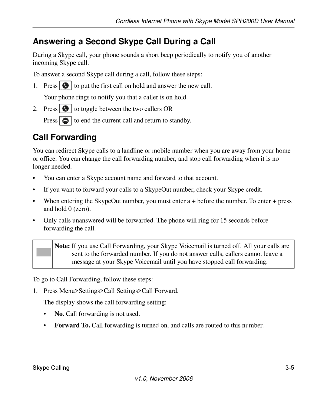 NETGEAR SPH200D user manual Answering a Second Skype Call During a Call, Call Forwarding 