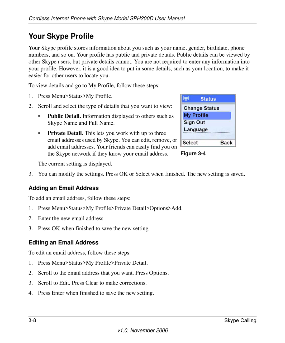 NETGEAR SPH200D user manual Your Skype Profile, Adding an Email Address, Editing an Email Address 