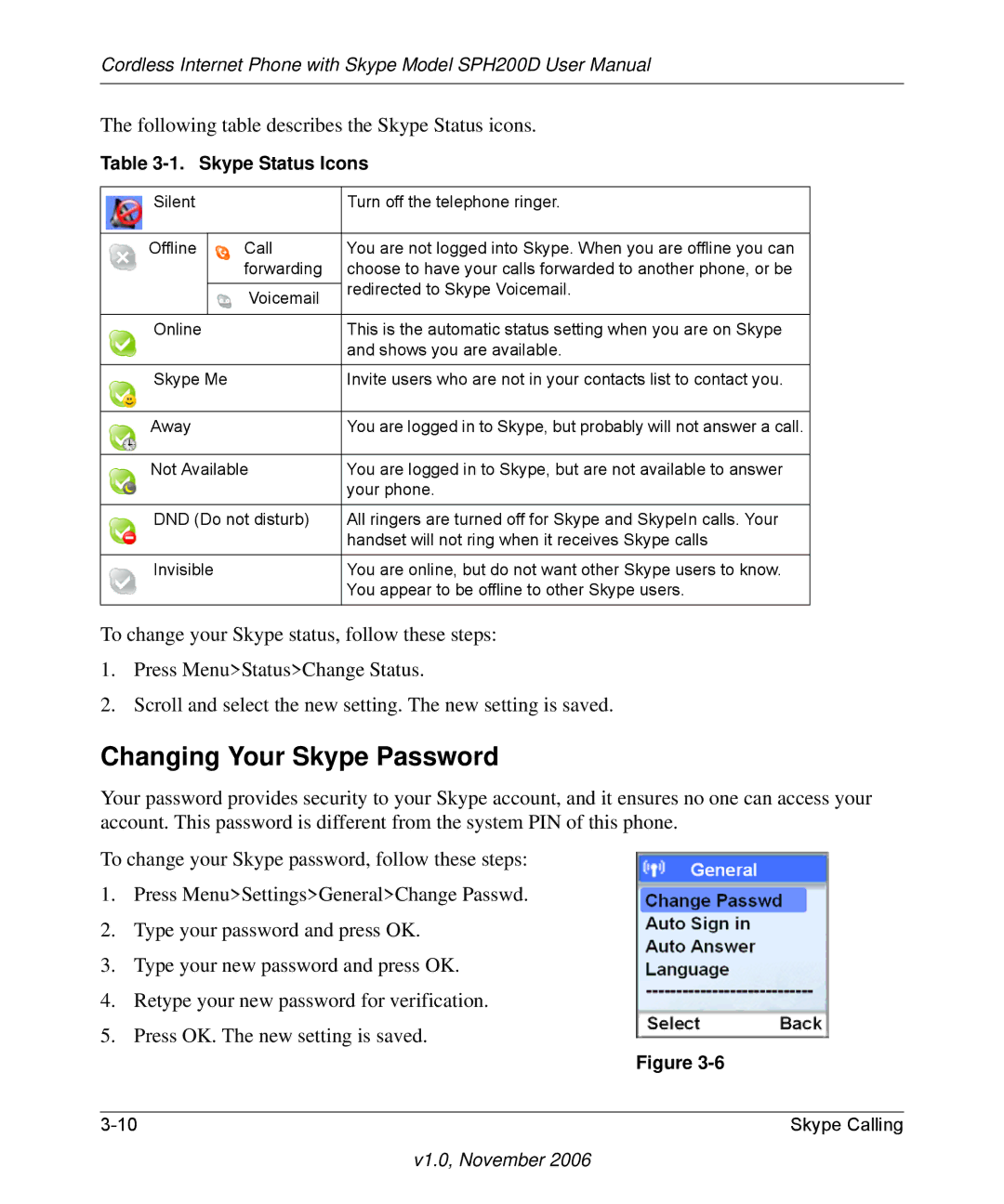 NETGEAR SPH200D user manual Changing Your Skype Password, Skype Status Icons 