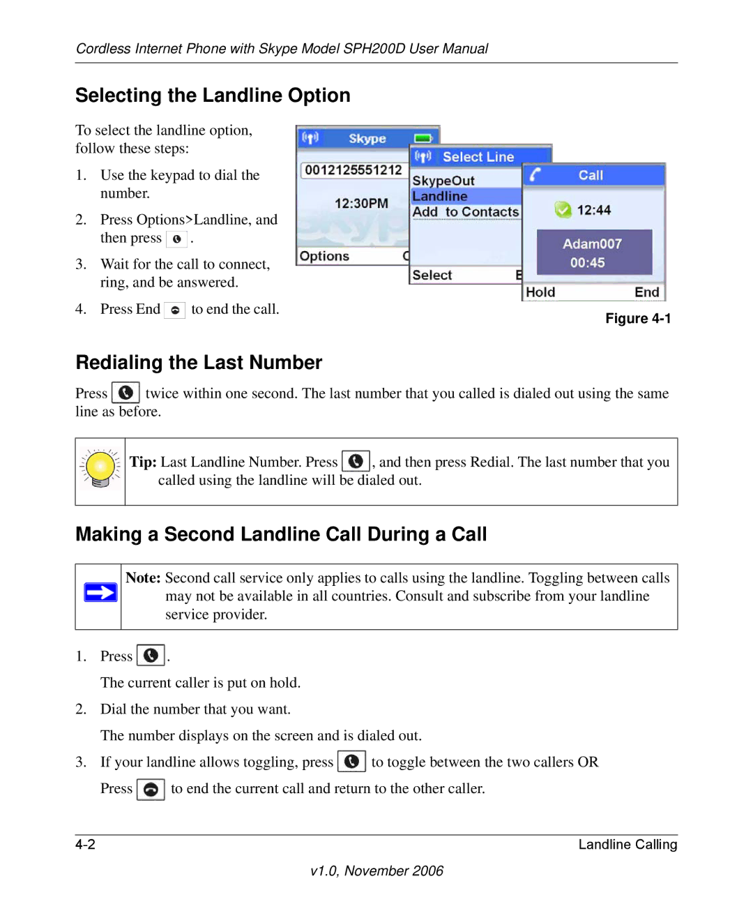 NETGEAR SPH200D user manual Selecting the Landline Option, Making a Second Landline Call During a Call 