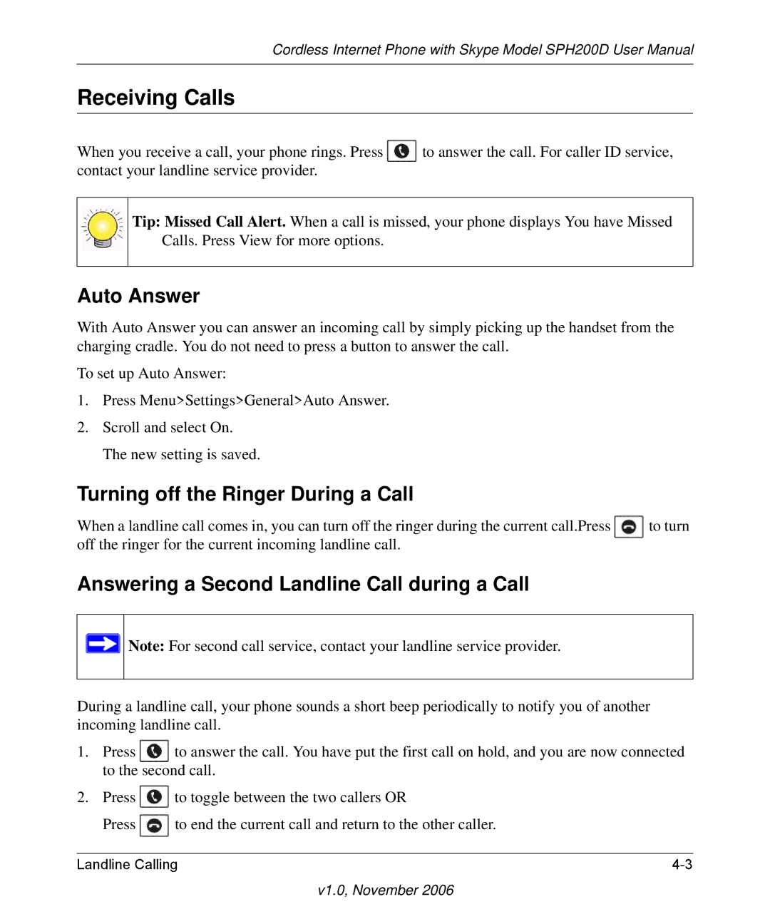 NETGEAR SPH200D user manual Turning off the Ringer During a Call, Answering a Second Landline Call during a Call 