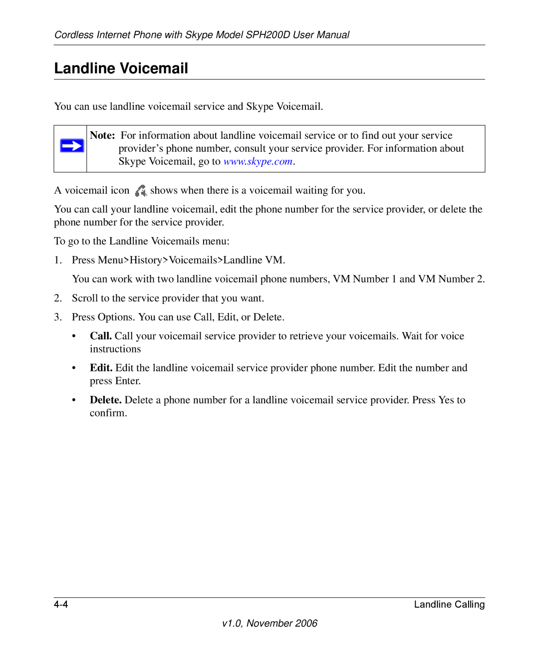 NETGEAR SPH200D user manual Landline Voicemail 