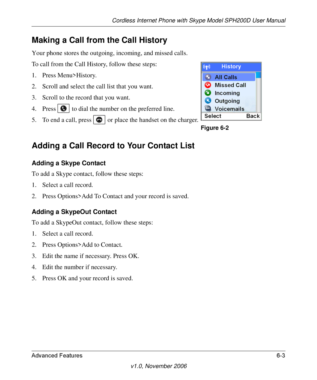 NETGEAR SPH200D Making a Call from the Call History, Adding a Call Record to Your Contact List, Adding a Skype Contact 