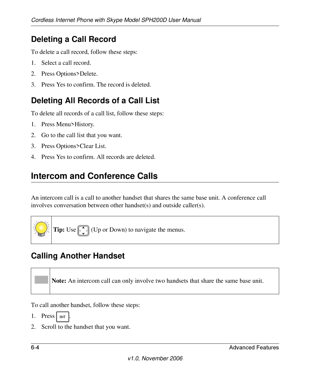 NETGEAR SPH200D user manual Intercom and Conference Calls, Deleting a Call Record, Deleting All Records of a Call List 