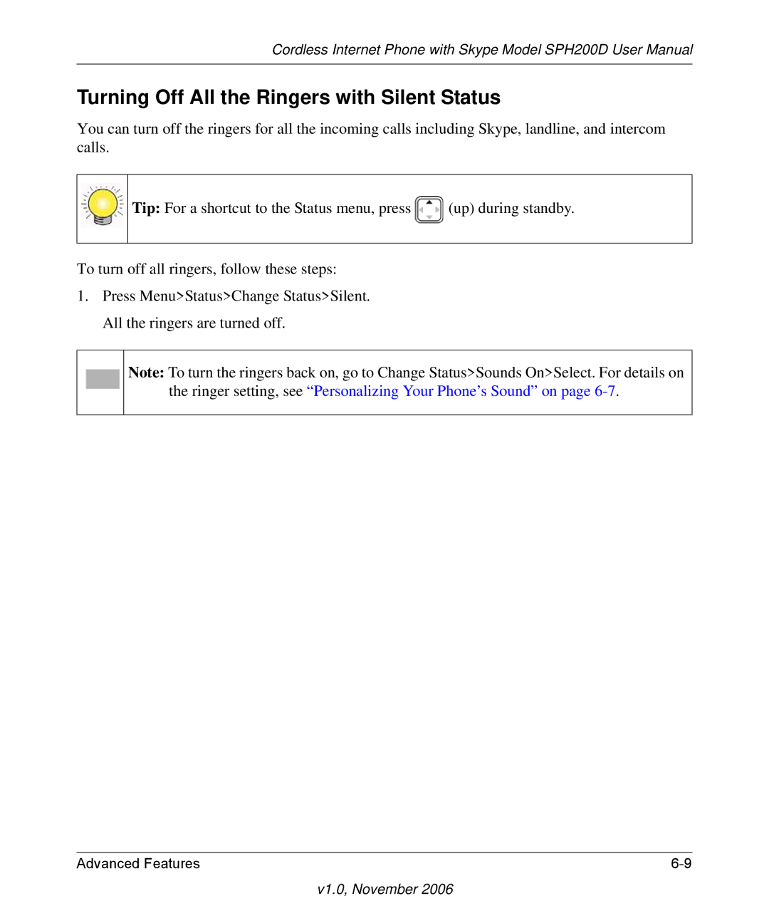 NETGEAR SPH200D user manual Turning Off All the Ringers with Silent Status 