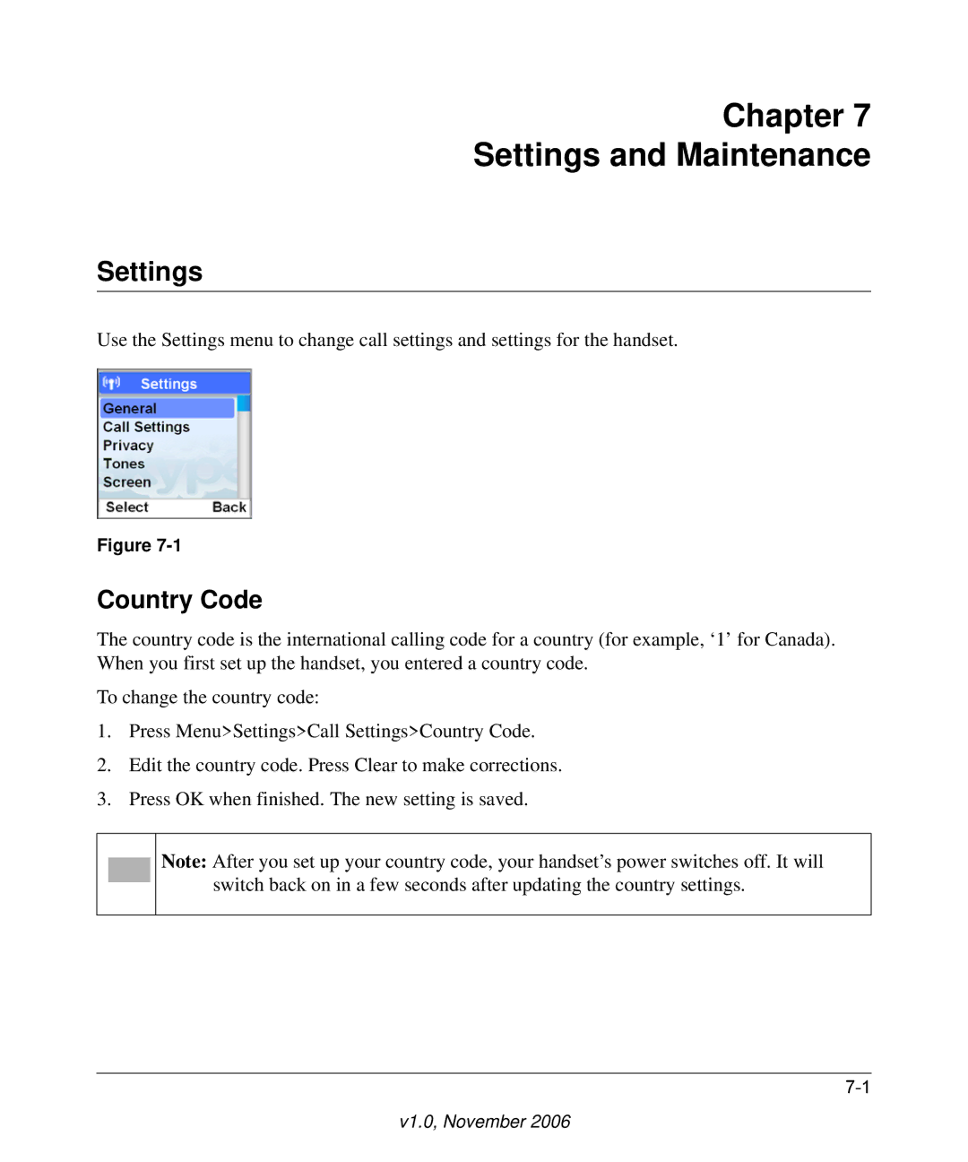 NETGEAR SPH200D user manual Chapter Settings and Maintenance, Country Code 