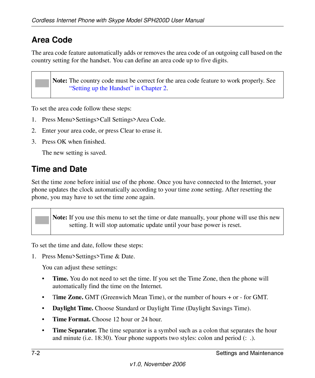 NETGEAR SPH200D user manual Area Code, Time and Date 