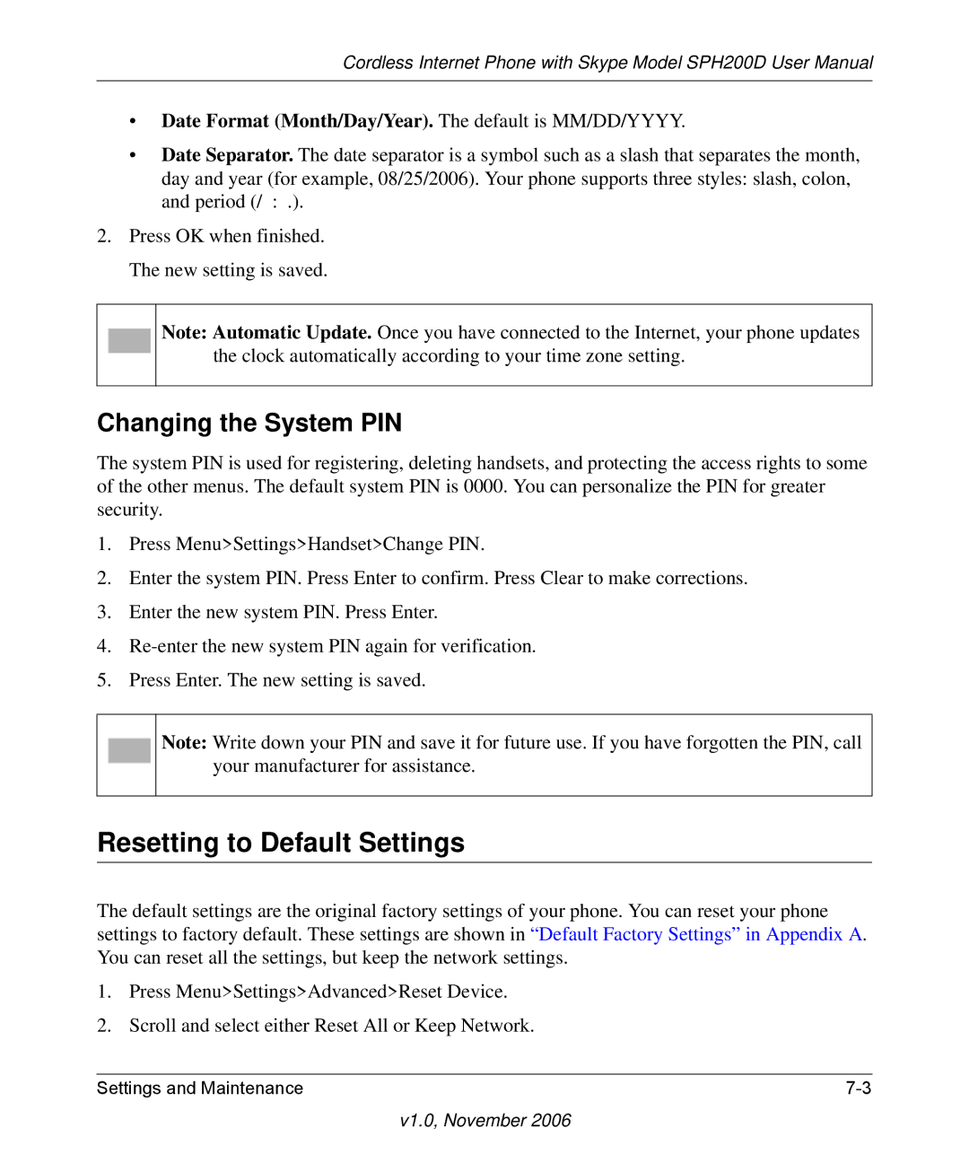 NETGEAR SPH200D user manual Resetting to Default Settings, Changing the System PIN 