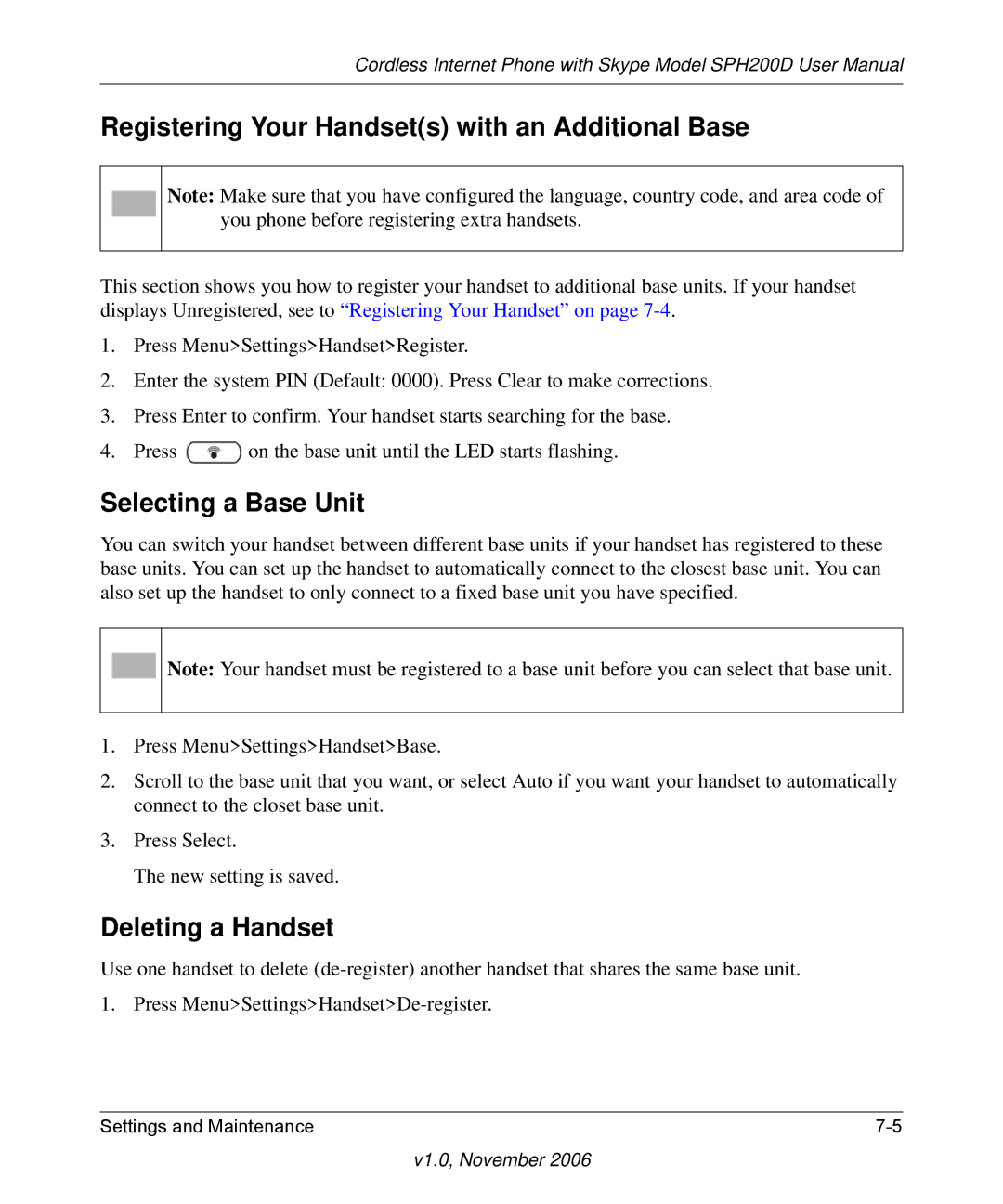 NETGEAR SPH200D user manual Registering Your Handsets with an Additional Base, Selecting a Base Unit, Deleting a Handset 