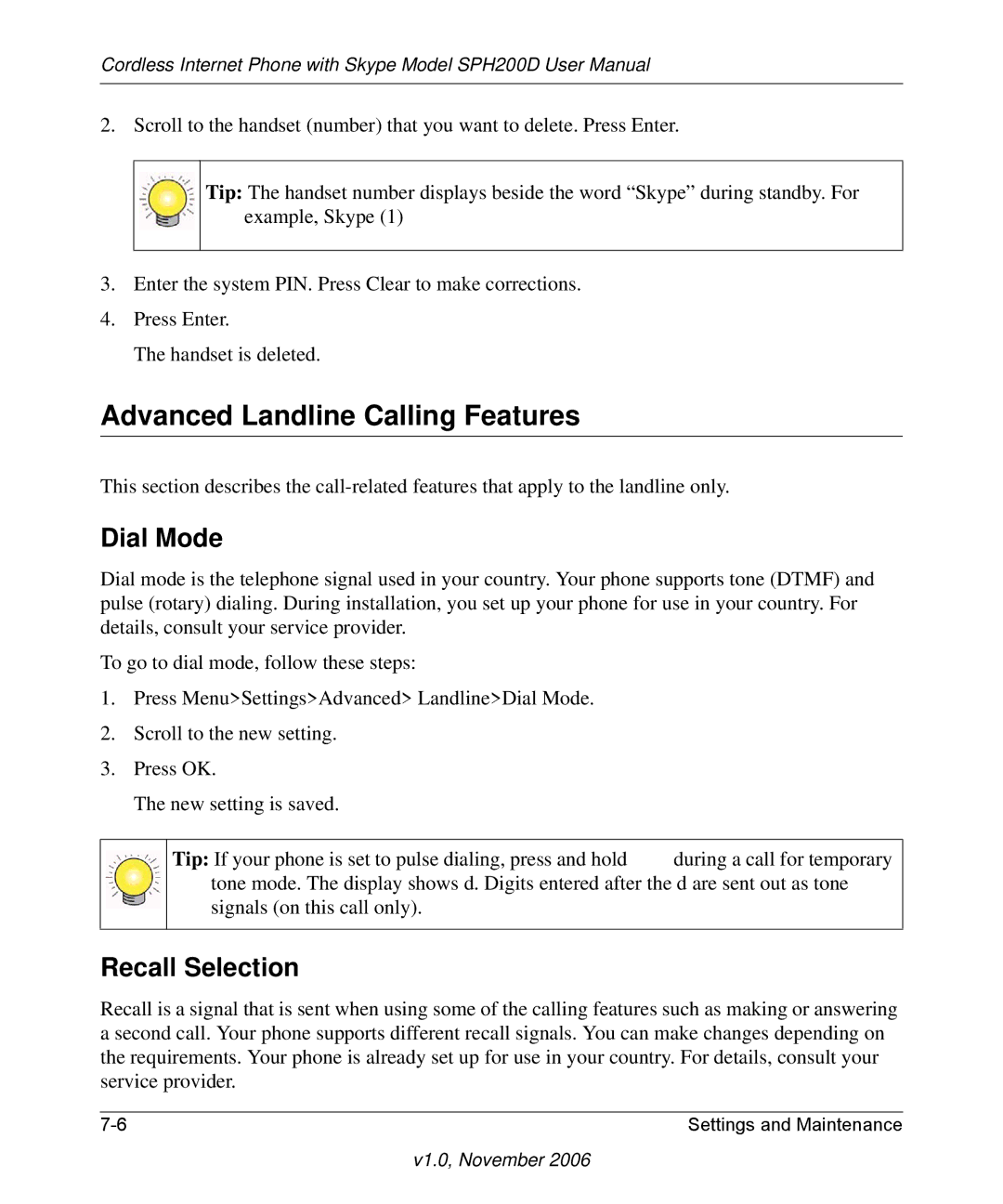 NETGEAR SPH200D user manual Advanced Landline Calling Features, Dial Mode, Recall Selection 