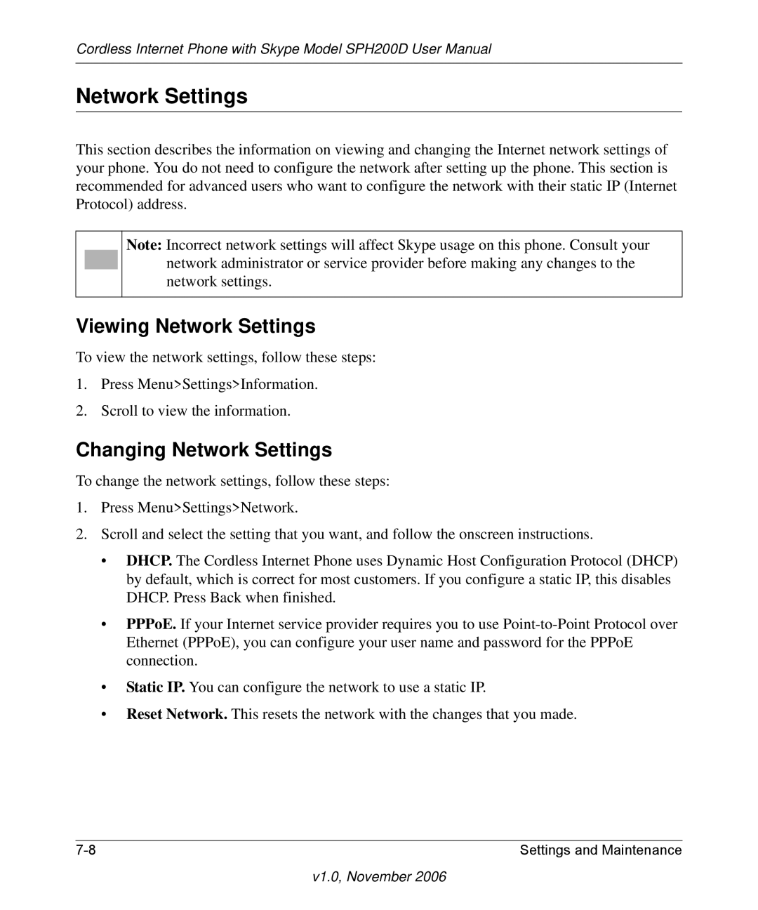 NETGEAR SPH200D user manual Viewing Network Settings, Changing Network Settings 