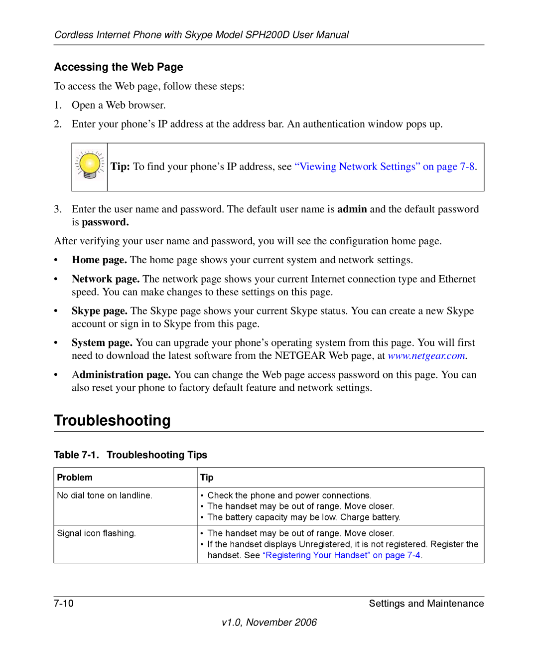 NETGEAR SPH200D user manual Accessing the Web, Troubleshooting Tips, Problem Tip 