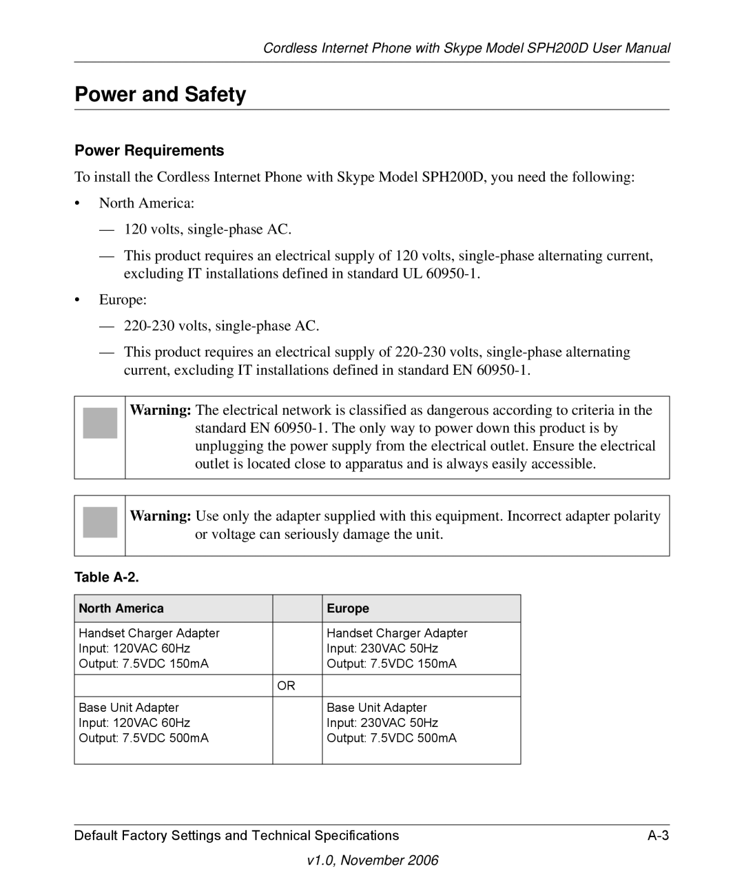 NETGEAR SPH200D user manual Power and Safety, Power Requirements, Table A-2, North America Europe 