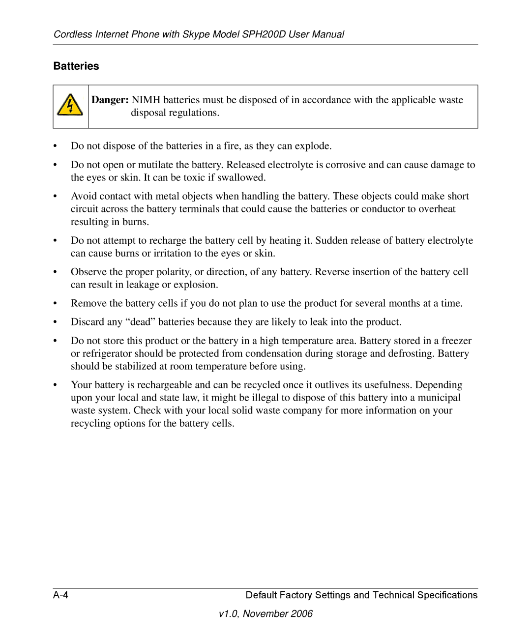 NETGEAR SPH200D user manual Batteries 