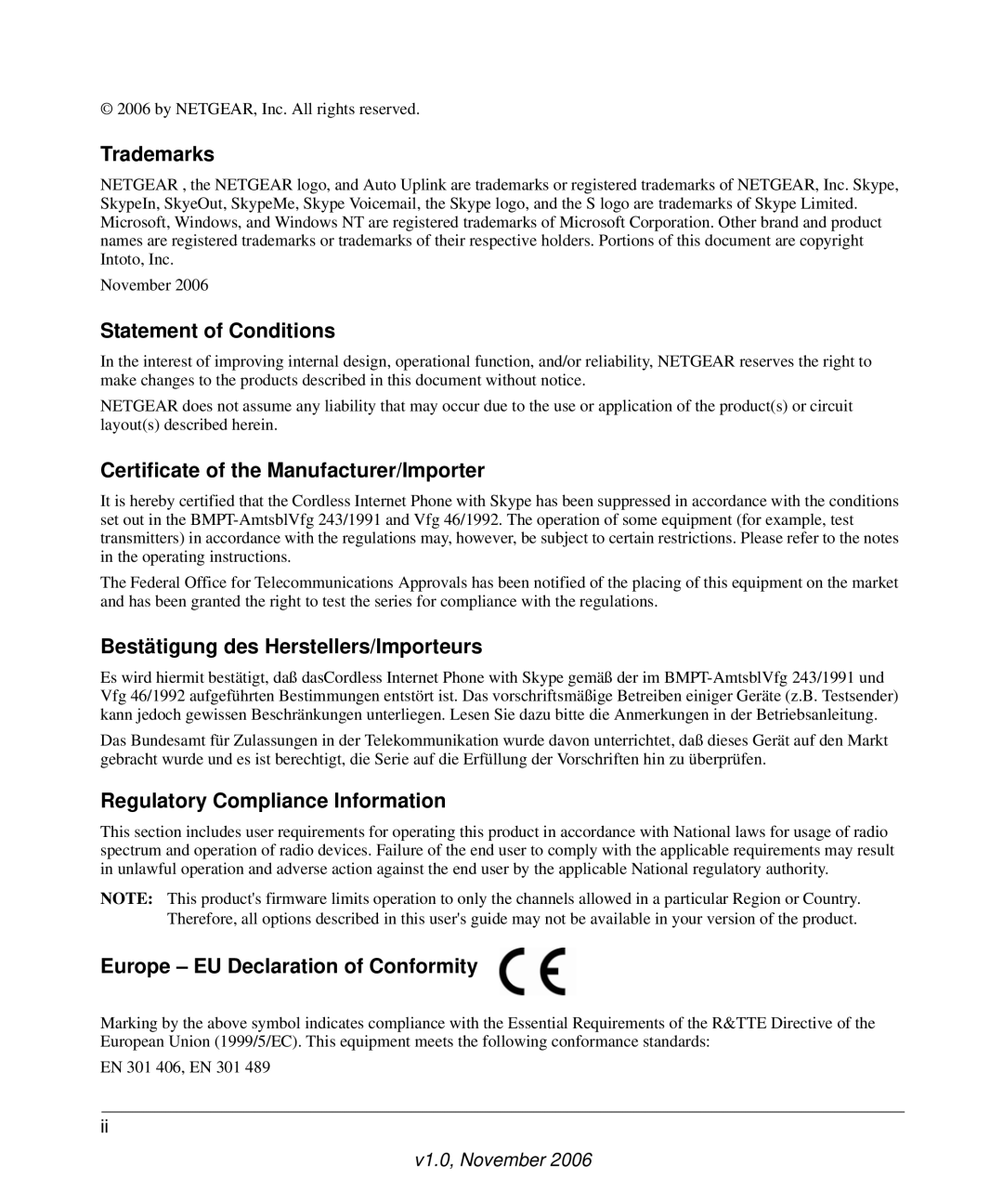 NETGEAR SPH200D user manual Trademarks, Statement of Conditions, Certificate of the Manufacturer/Importer 