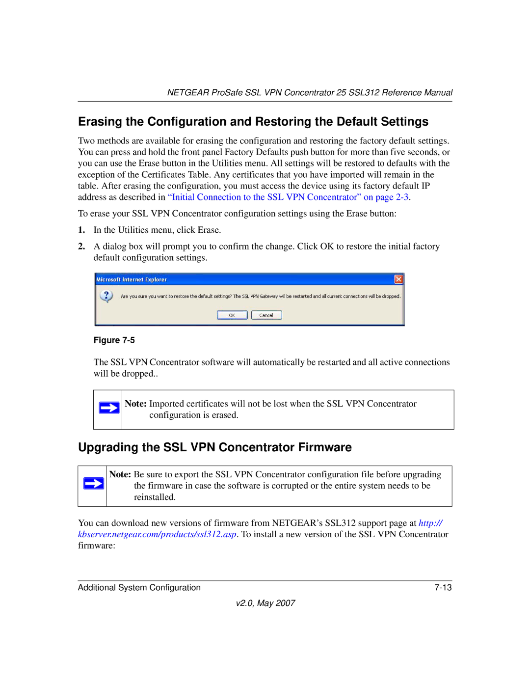 NETGEAR SSL312 Erasing the Configuration and Restoring the Default Settings, Upgrading the SSL VPN Concentrator Firmware 