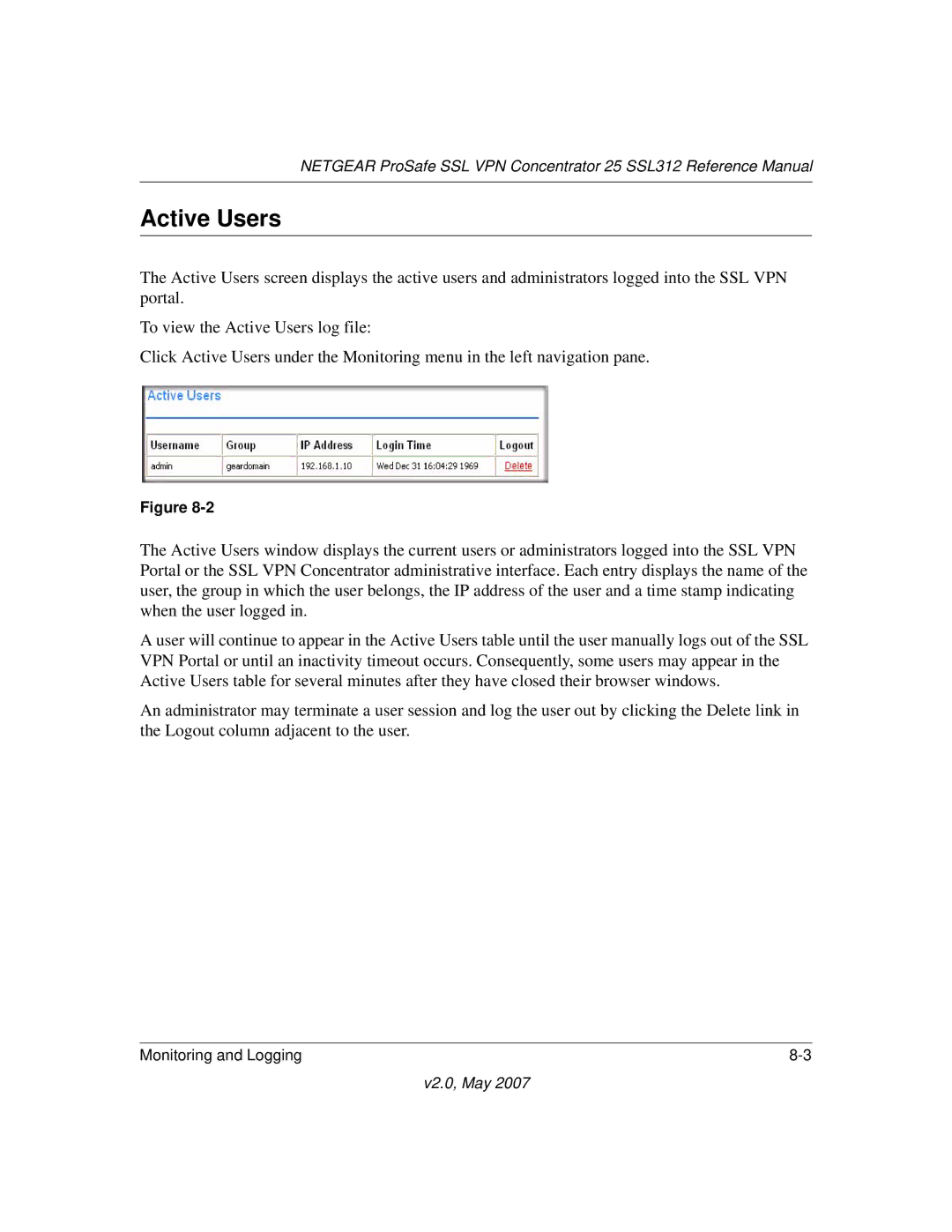 NETGEAR SSL312 manual Active Users 