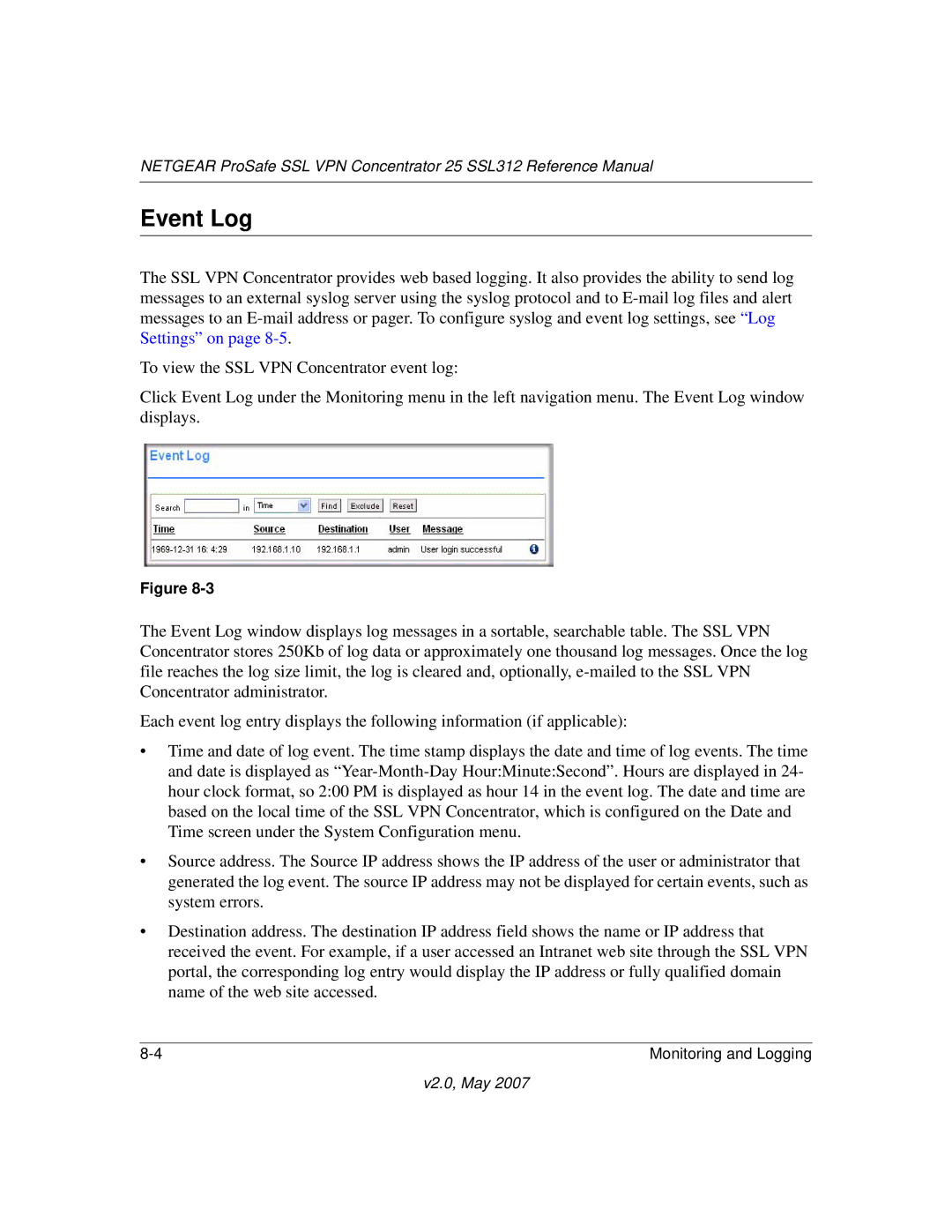 NETGEAR SSL312 manual Event Log 