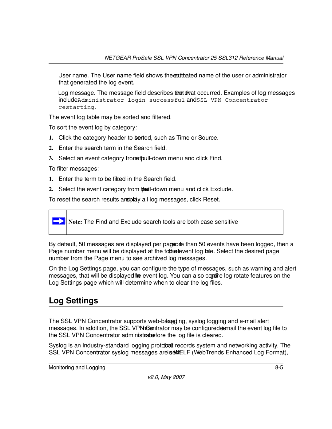 NETGEAR SSL312 manual Log Settings 