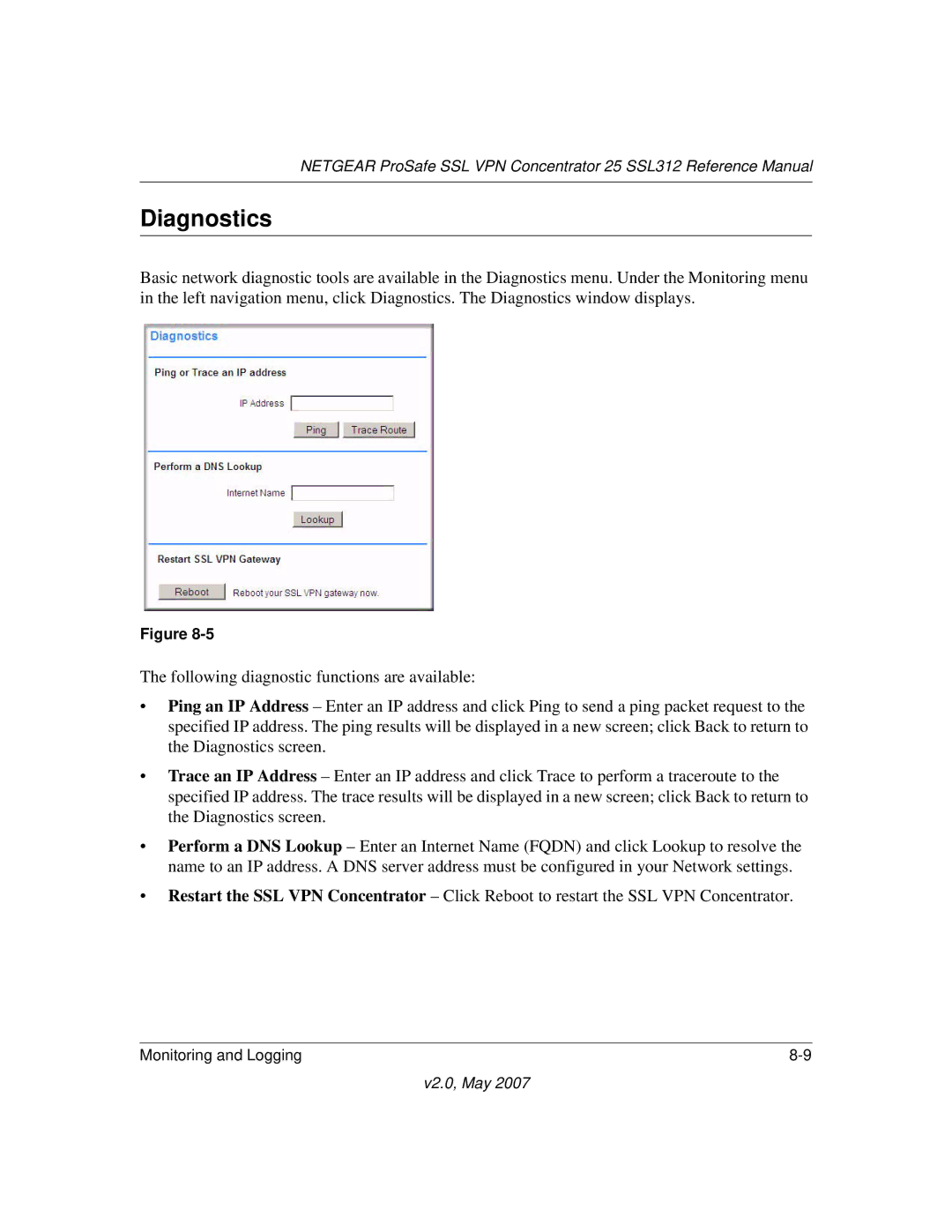 NETGEAR SSL312 manual Diagnostics 