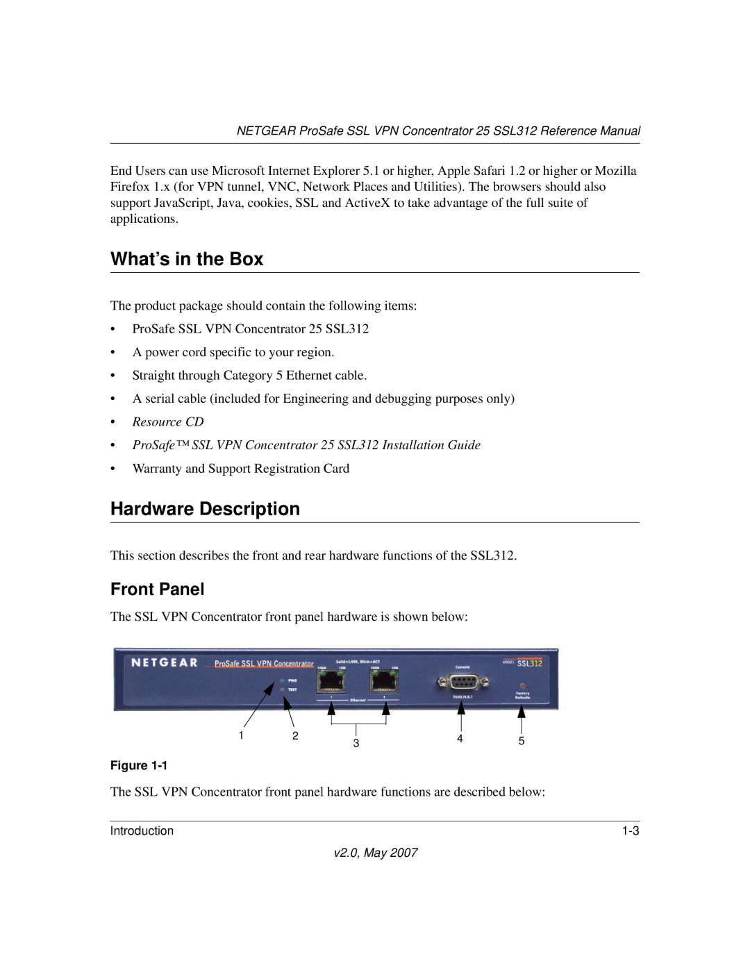 NETGEAR SSL312 manual What’s in the Box, Hardware Description, Front Panel 