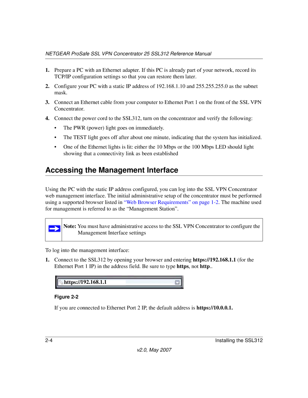 NETGEAR SSL312 manual Accessing the Management Interface, Https//192.168.1.1 