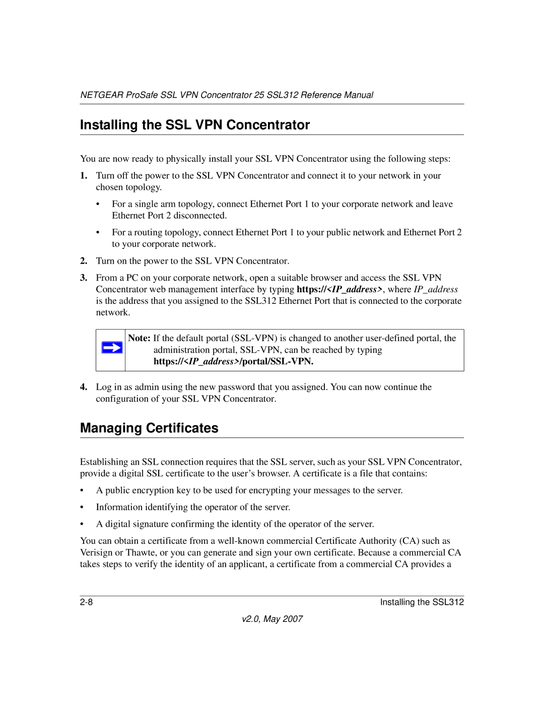 NETGEAR SSL312 manual Installing the SSL VPN Concentrator, Managing Certificates 