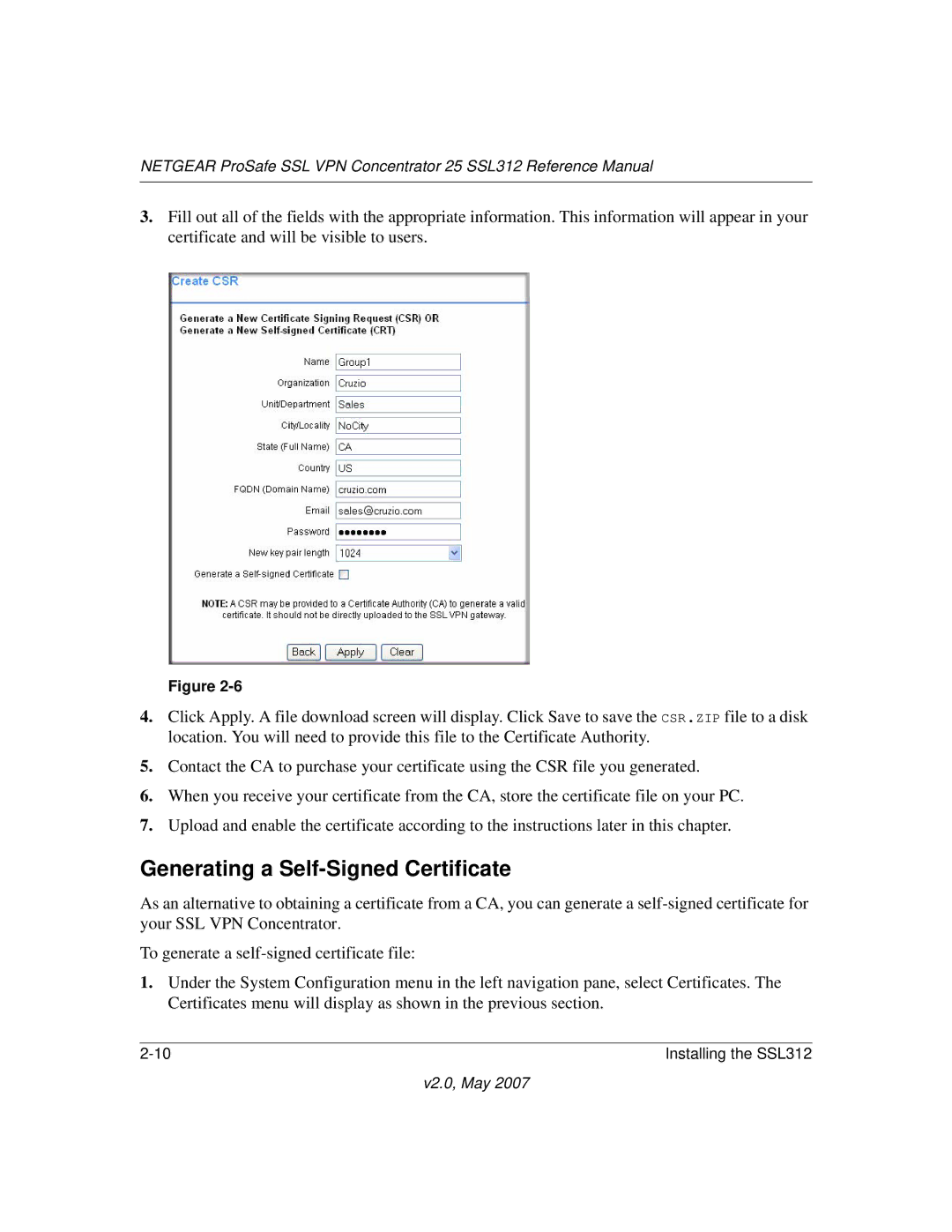 NETGEAR SSL312 manual Generating a Self-Signed Certificate 