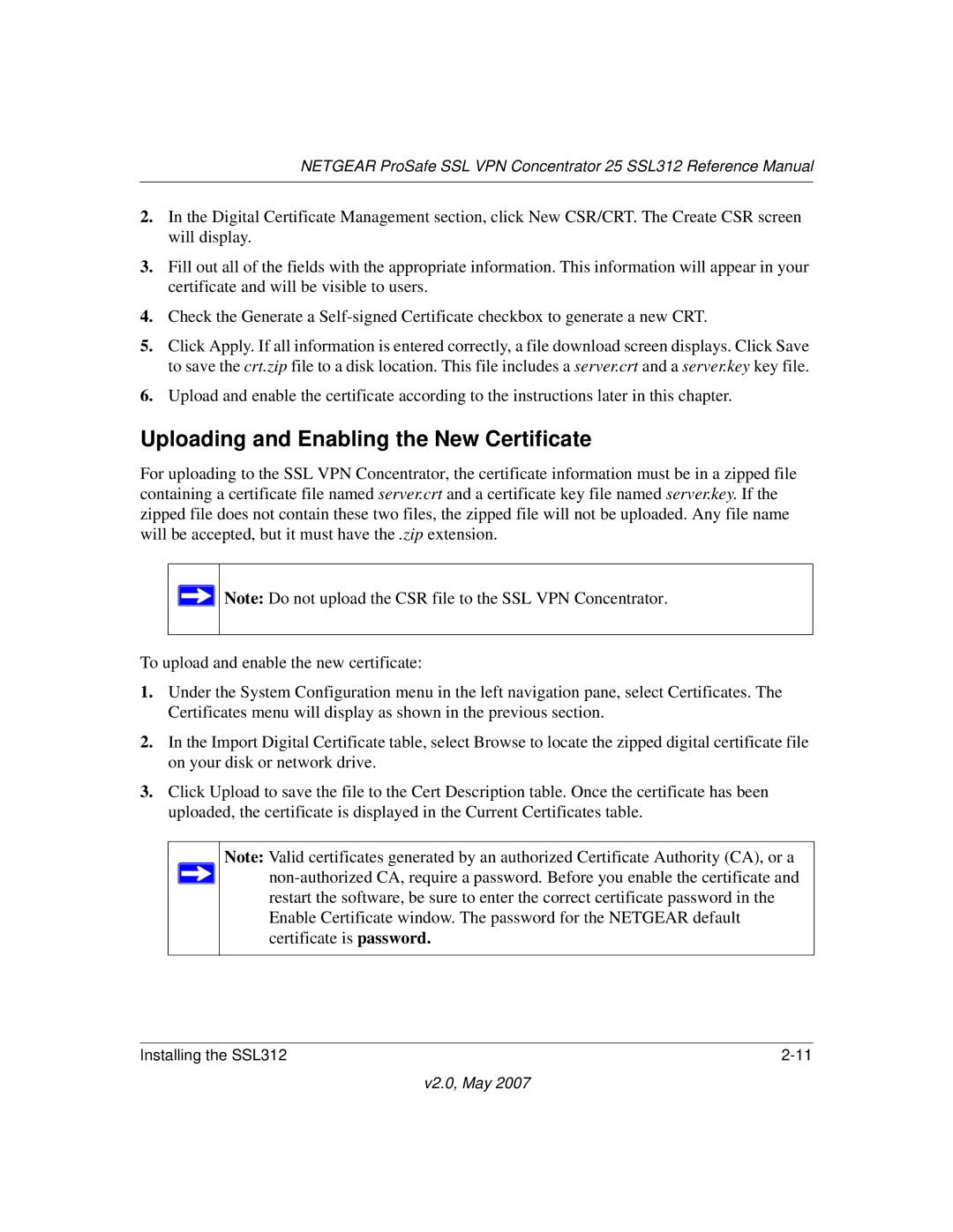 NETGEAR SSL312 manual Uploading and Enabling the New Certificate 