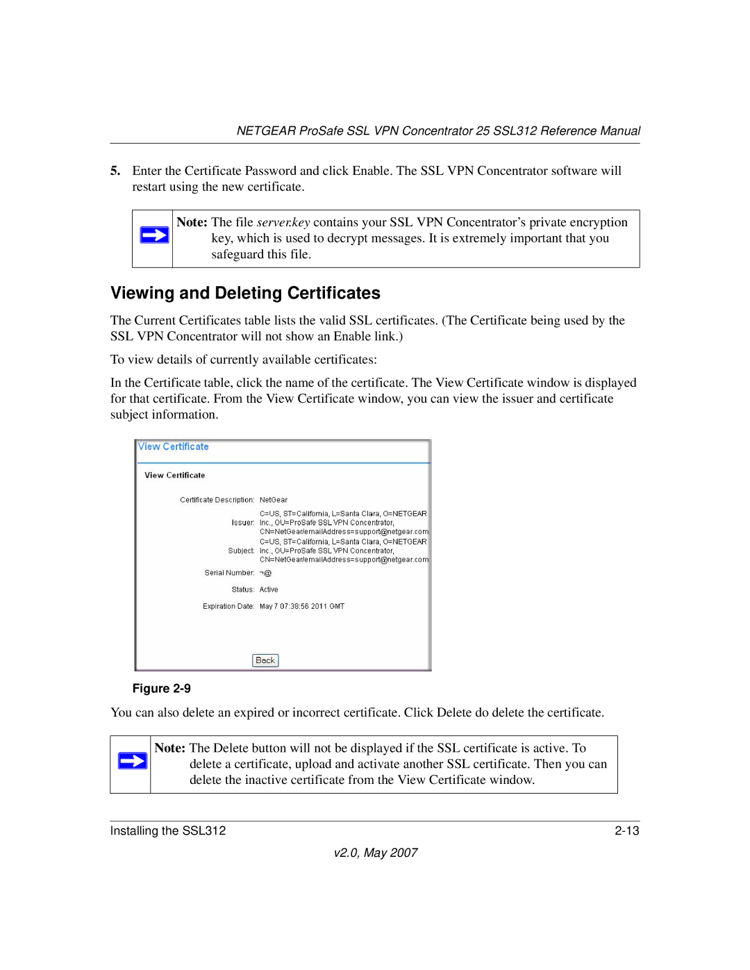 NETGEAR SSL312 manual Viewing and Deleting Certificates 